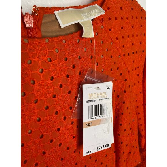 MICHAEL Michael Kors Eyelet Voile Side Cut-Out Mini Dress Long Sleeve Orange 12 - Picture 3 of 6